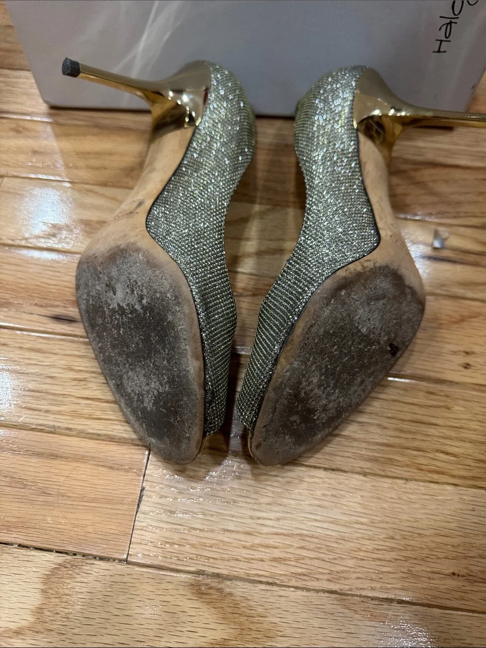 Jimmy Choo Gold Glitter Peep-Toe Heels